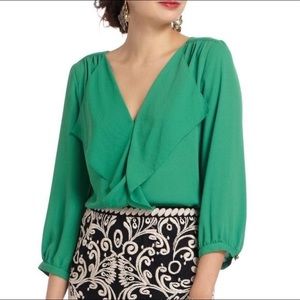 Anthropologie, Maeve, Parted Ruffle Blouse, Green